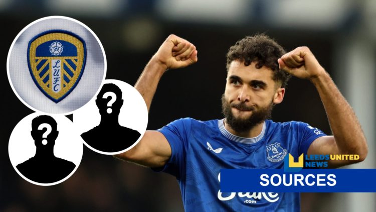 Everton striker Dominic Calvert-Lewin (right) and Leeds United crest (left) with two mystery player insets and LUN sources banner