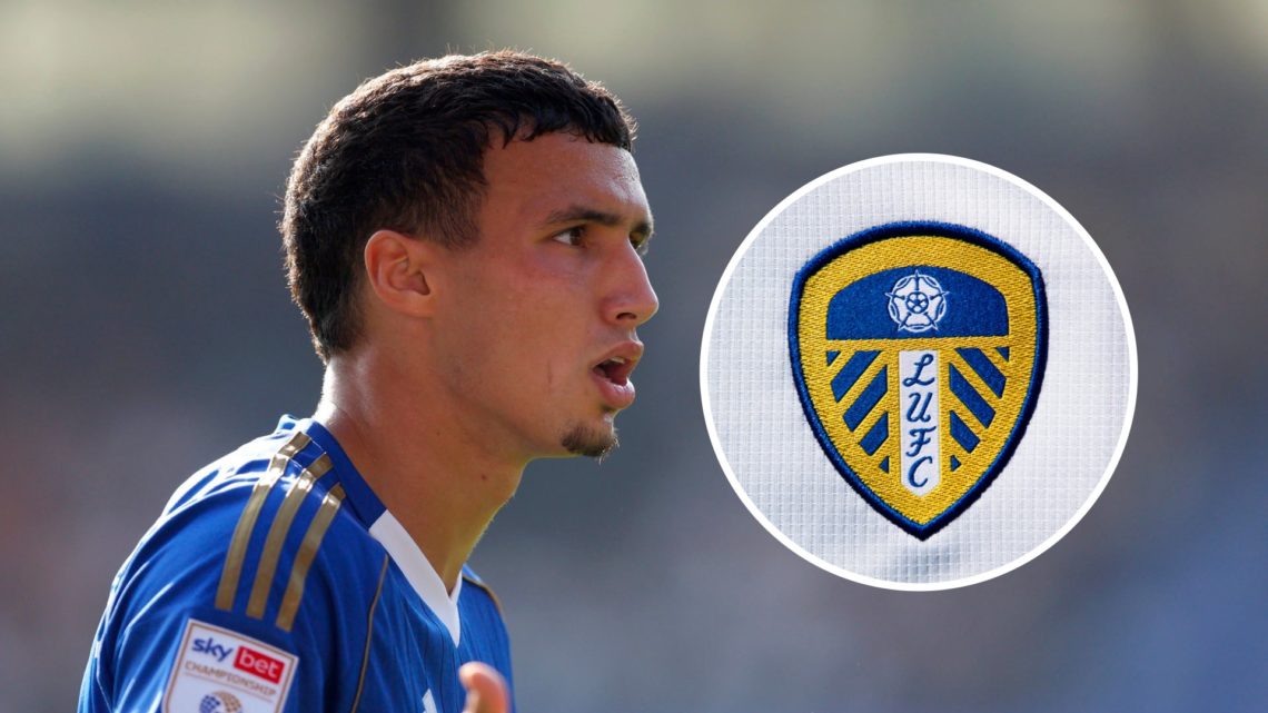 Leicester City player Bilal El Khannouss with the Leeds United badge inset