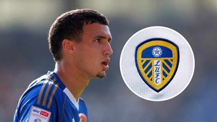Leicester City player Bilal El Khannouss with the Leeds United badge inset