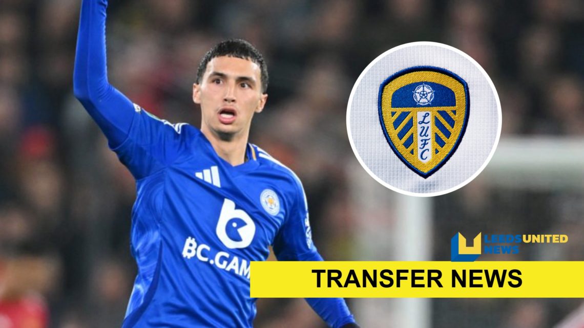 Leicester City player Bilal El Khannouss with the Leeds United badge inset