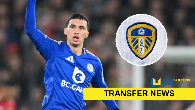 Leicester City player Bilal El Khannouss with the Leeds United badge inset