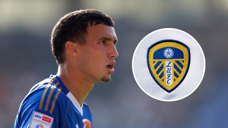 Leicester City player Bilal El Khannouss with the Leeds United badge inset