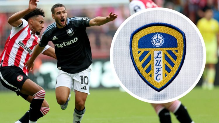 Aston Villa's Emi Buendia in action against Brentford. Inset a picture of the official club badge of Leeds United.