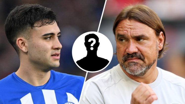 Brighton midfielder Facundo Buonanotte (left) and Leeds United manager Daniel Farke (right) with mystery player inset