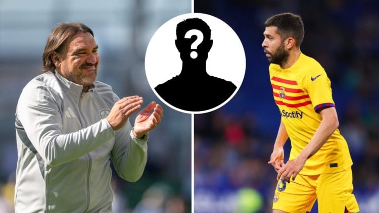 Split image of Leeds United boss Daniel Farke and Jordi Alba of Barcelona with the mystery player overlay