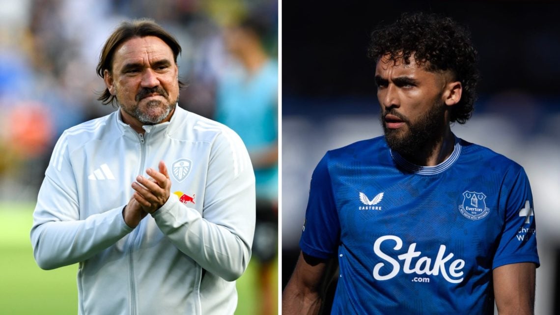 Daniel Farke during a Leeds match and Dominic Calvert-Lewin in action for Everton.