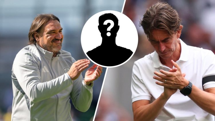 Split image of Leeds United manager Daniel Farke and Tottenham manager Thomas Frank with the mystery player overlay