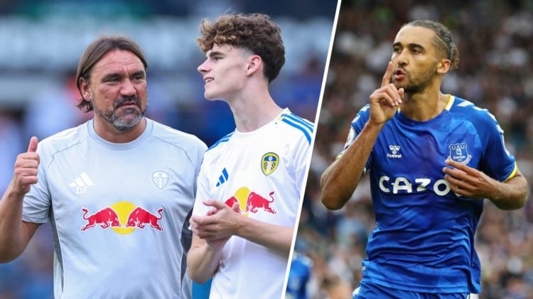 Split image of Daniel Farke talking to Leeds United player Harry Gray and new signing Dominic Calvert-Lewin