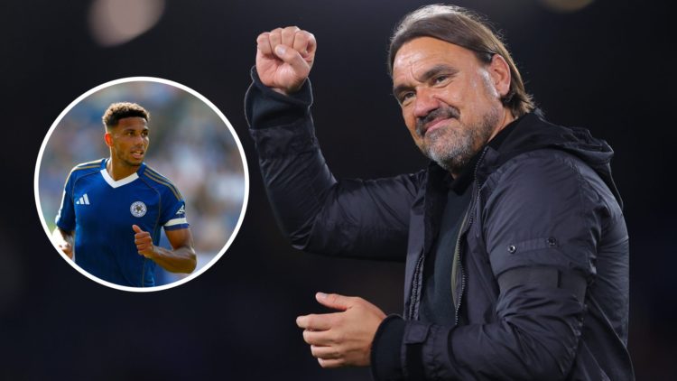 Leeds United manager Daniel Farke with Leicester city defender James Justin inset