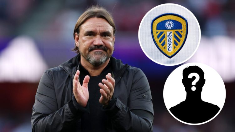 Leeds United manager Daniel Farke with the club badge and mystery player logo inset