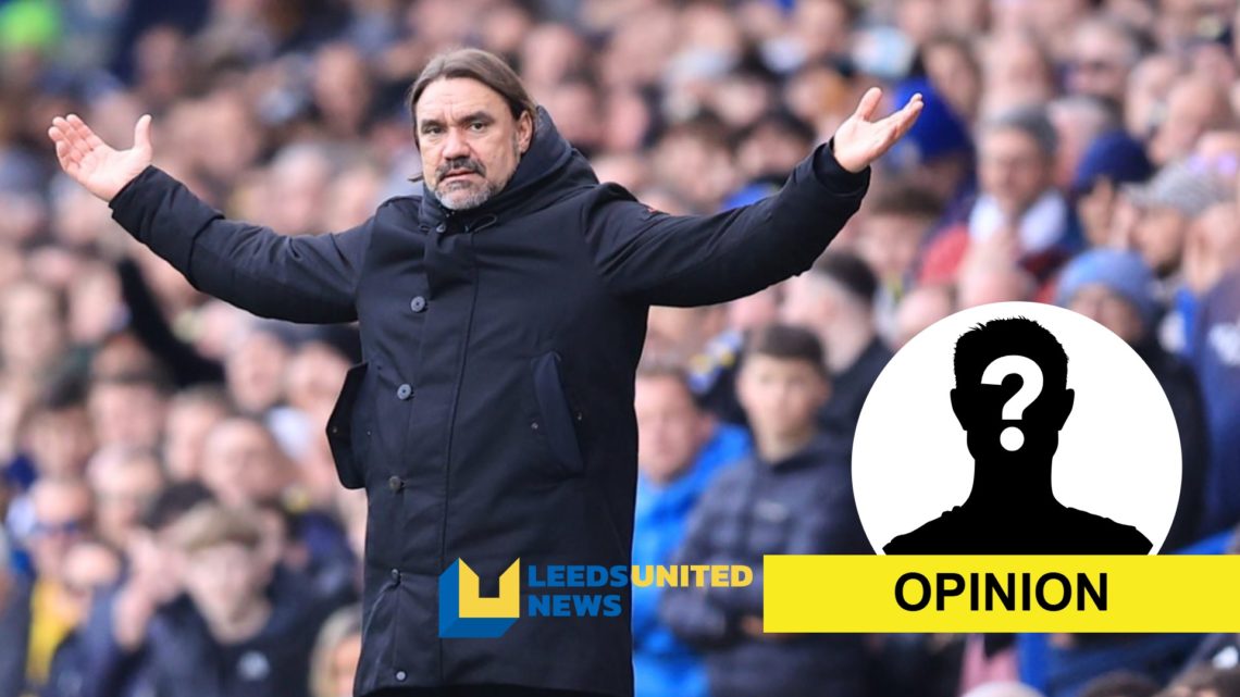 Leeds United manager Daniel Farke with the opinion label, mystery player overlay and site logo added