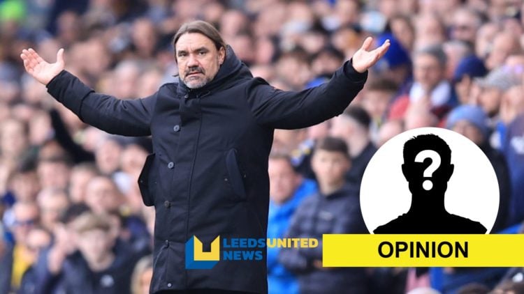 Leeds United manager Daniel Farke with the opinion label, mystery player overlay and site logo added