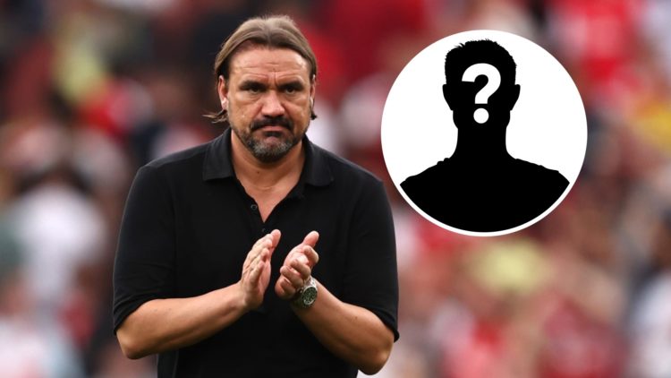 Leeds United manager Daniel Farke with the mystery player overlay