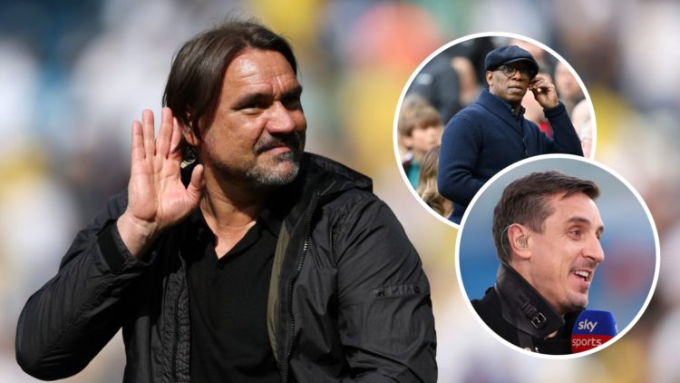 Leeds United manager Daniel Farke with pundits Ian Wright and Gary Neville inset