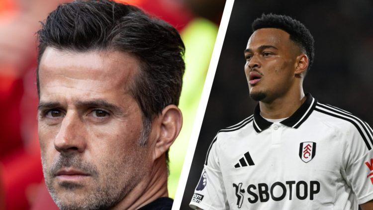 Split image of Fulham manager Marco Silva sitting on the bench and Fulham striker Rodrigo Muniz in action.