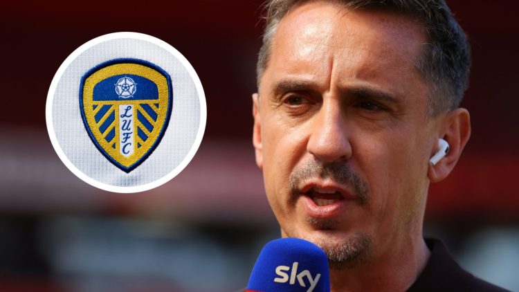 Gary Neville on Sky Sports reporting. Inset a picture of the official club badge of Leeds United.