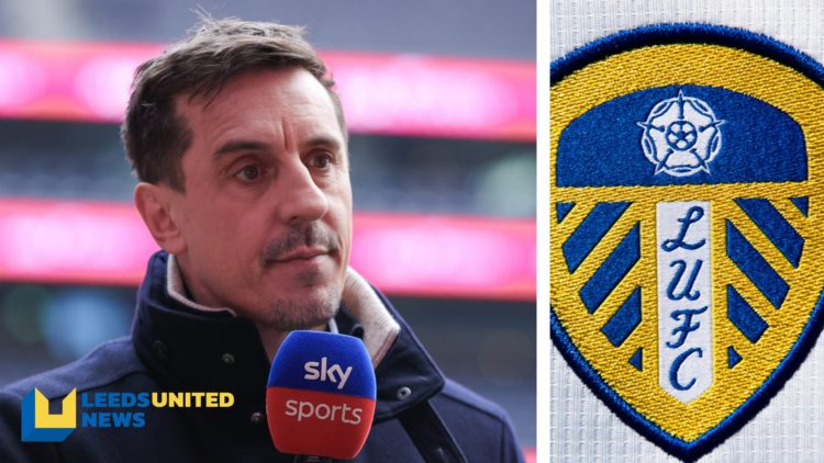 Split image of Sky Sports pundit Gary Neville, and the official club badge of Leeds United.