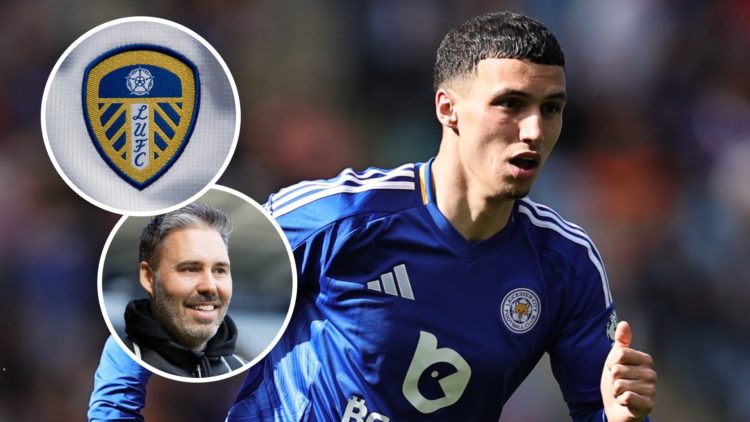 Leicester City midfielder Bilal El khannouss in action. Inset, Leeds United badge. Inset, Marti Cifuentes as QPR boss.
