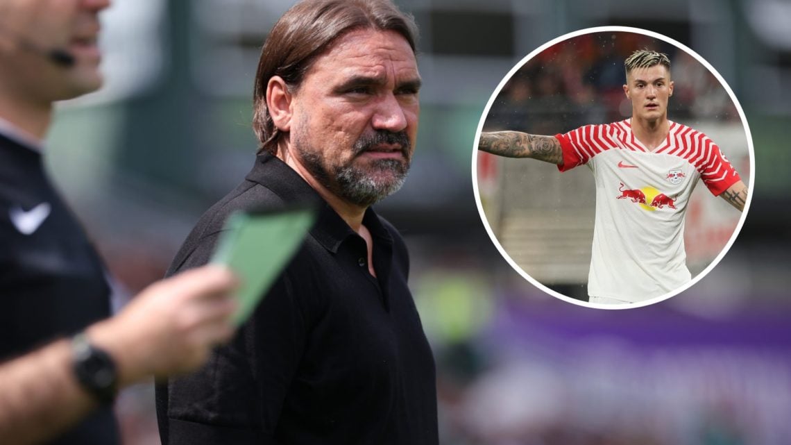 Leeds United manager Daniel Farke looking on. Inset, Benjamin Sesko in action for RB Leipzig.