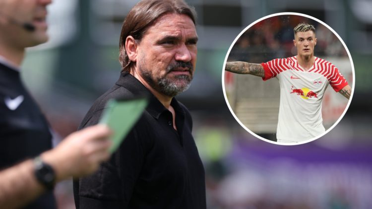 Leeds United manager Daniel Farke looking on. Inset, Benjamin Sesko in action for RB Leipzig.