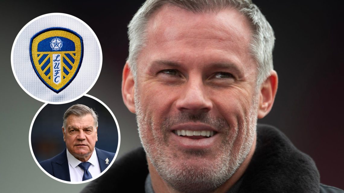 Pundit Jamie Carragher looks on. Inset, Leeds United badge. Inset, former Leeds manager Sam Allardyce.