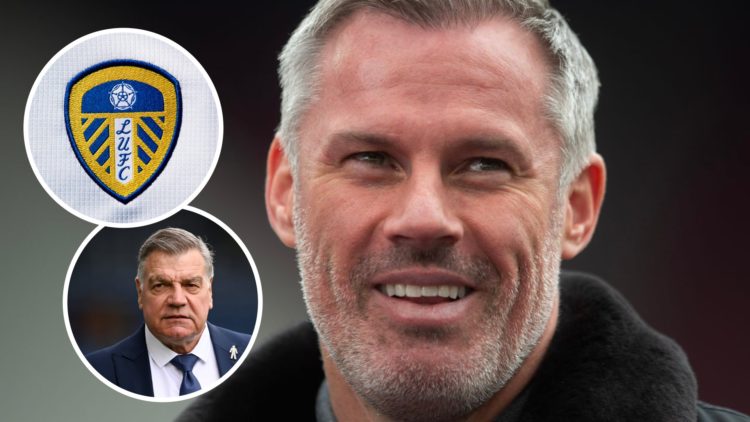 Pundit Jamie Carragher looks on. Inset, Leeds United badge. Inset, former Leeds manager Sam Allardyce.
