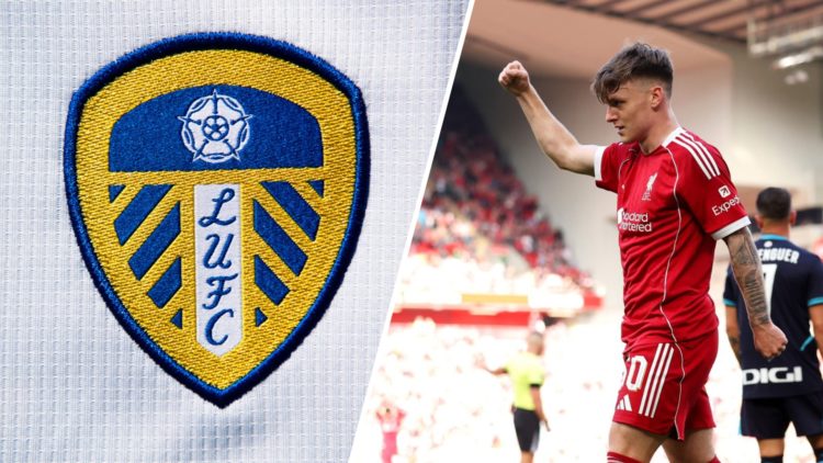 Leeds United crest (left) and Liverpool's Ben Doak (right)