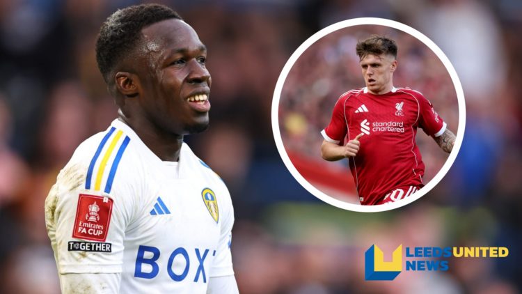 Leeds United's Wilfried Gnonto during a Championship match. Inset a picture of Liverpool's Ben Doak in action.