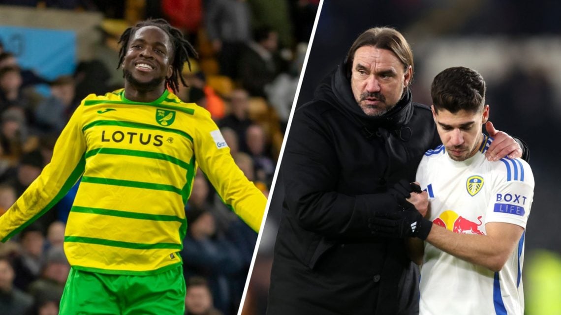Norwich City's Jon Rowe (left), with Leeds United duo Daniel Farke and Manor Solomon (right)