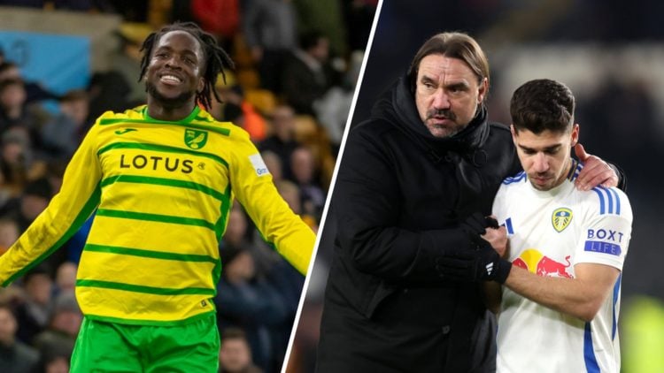 Norwich City's Jon Rowe (left), with Leeds United duo Daniel Farke and Manor Solomon (right)