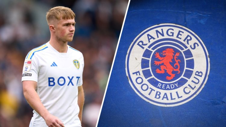Joe Gelhardt of Leeds United (left) and Rangers crest (right)