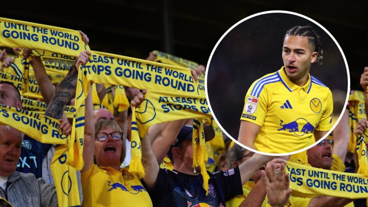 Leeds United fans holding scarves up. Inset, Leeds striker Mateo Joseph looking on.