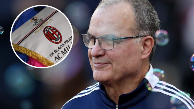 Leeds United manager Marcelo Bielsa smiling. Inset, AC Milan badge ahead of Europa League tie.