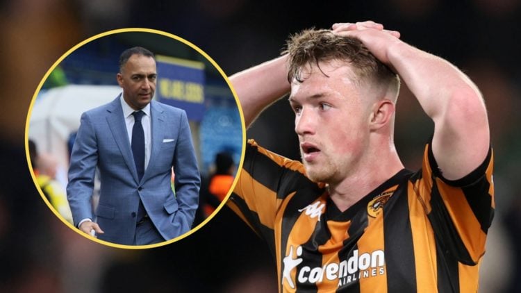 Joe Gelhardt holds his hands on his head during a game for Hull City. Inset: Leeds chairman Paraag Marathe.
