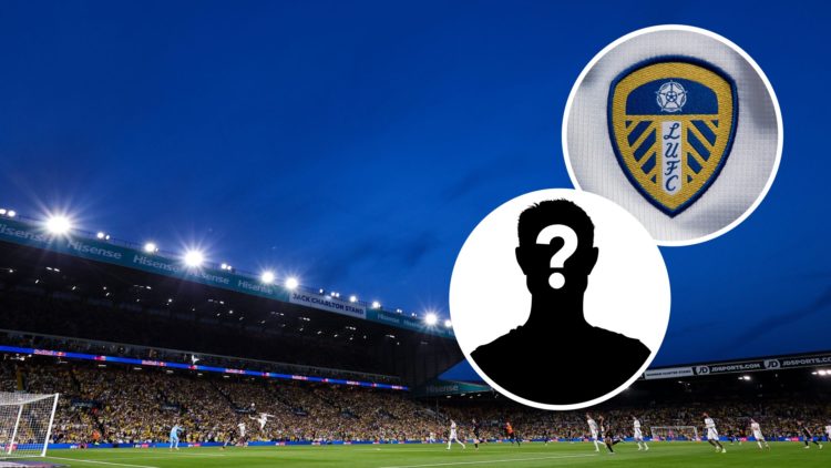 Image of Elland Road at night with Leeds United playing. Inset, Leeds badge on kit. Inset, LUN mystery player.