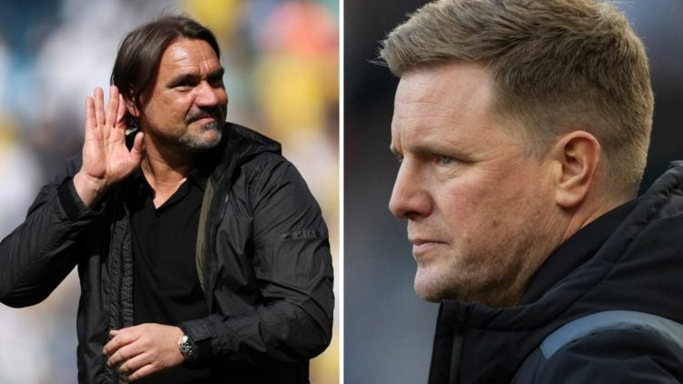 Leeds United manager Daniel Farke cupping his ears to the fans. Inset, Newcastle United boss Eddie Howe looks on.