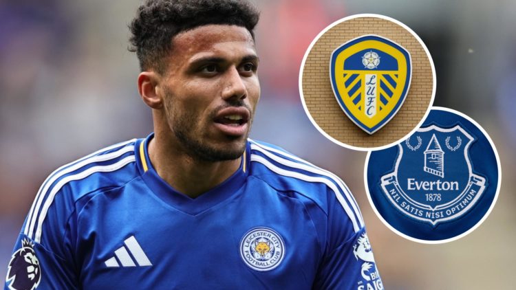 Leicester City defender James Justin. Inset, Leeds United badge. Inset, Everton club badge.