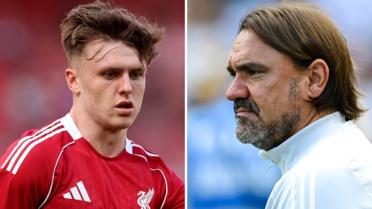 Liverpool player Lewis Doak alongside Leeds United manager Daniel Farke.