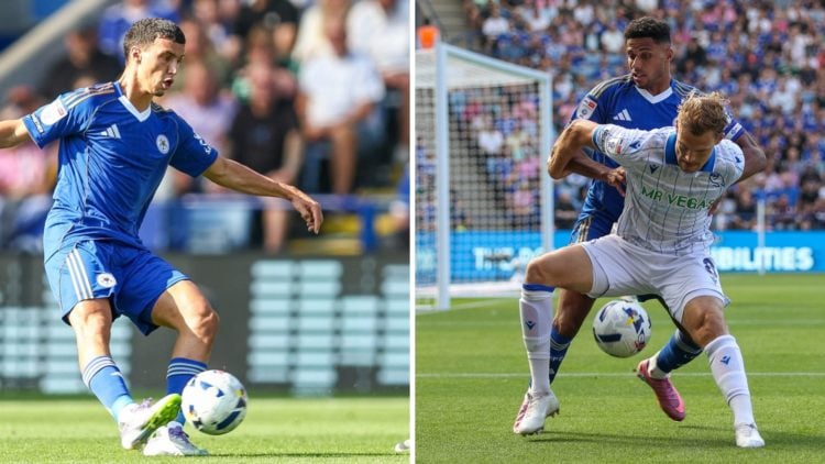 James Justin and Bilal El Khannouss in action for Leicester on Sunday.