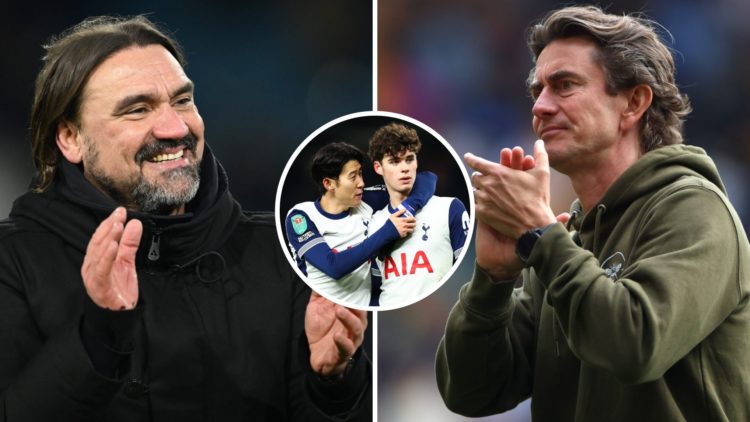 Split image of Leeds United manager Daniel Farke and Thomas Frank as Brentford boss. Inset, Heung-Min Son with Archie Gray.