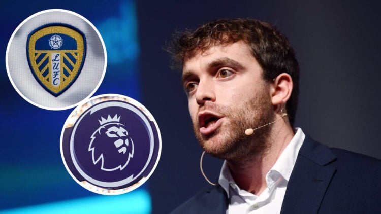 Fabrizio Romano (right) with Premier League logo and Leeds United crest (left)