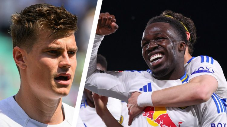 Split image of Udinese player Jaka Bijol in training, and Leeds United's Wilfried Gnonto celebrating a goal.