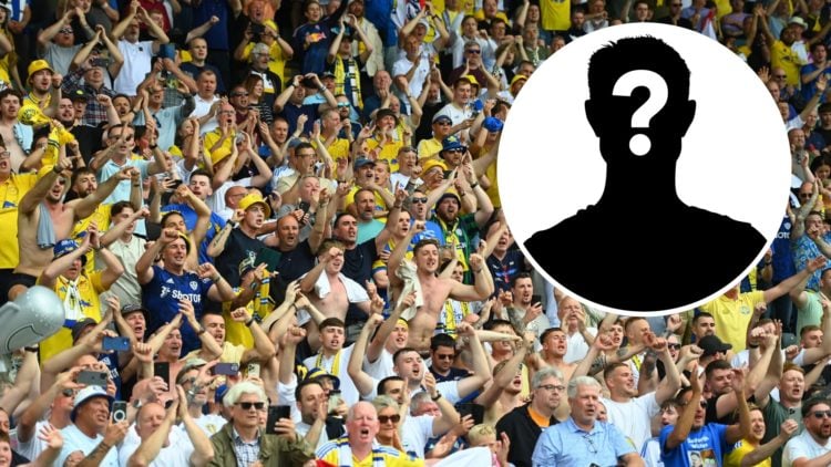 Leeds United fans celebrating. Inset, LUN mystery player icon.