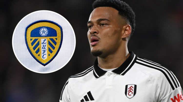 Fulham player Rodrigo Muniz with the Leeds United badhe inset