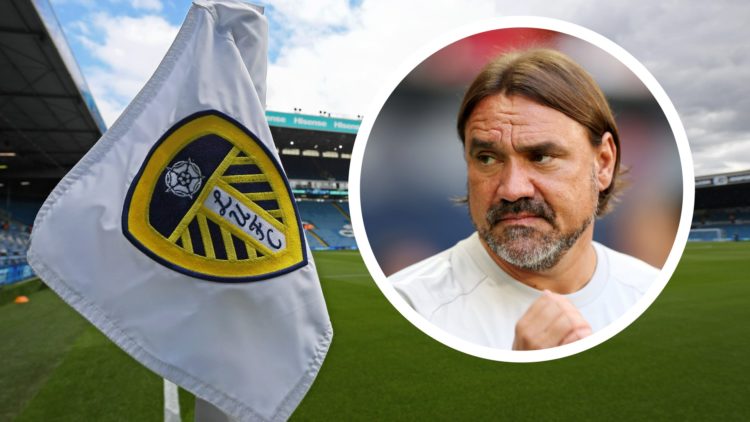 A general view of Leeds United's Elland Road stadium before a game. Inset a picture of a Leeds United manager Daniel Farke during a match.