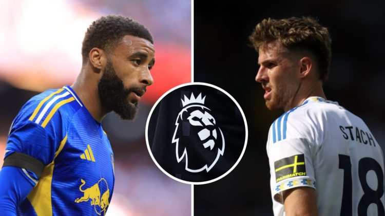 Split image: Close up of Jayden Bogle in action for Leeds United (L). Anton Stach in action for Leeds United (R). Inset: Premier League badge.