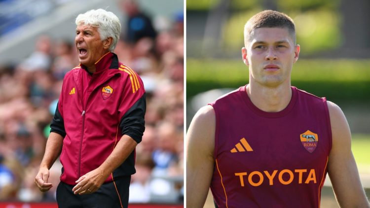 Gian Piero Gasperini during Roma's friendly against Everton, and Artem Dovbyk in training.