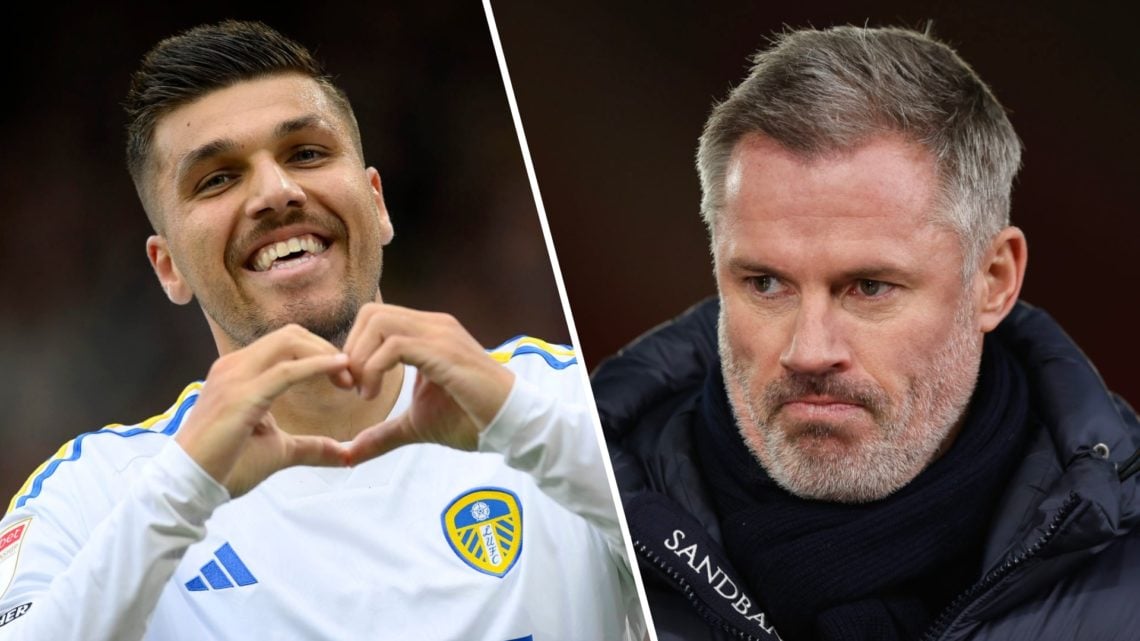 Split image of Leeds United player Joel Piroe and Sky Sports pundit Jamie Carragher