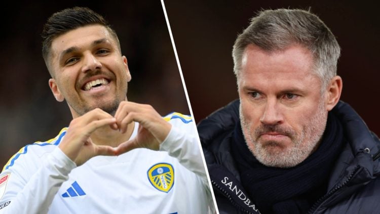 Split image of Leeds United player Joel Piroe and Sky Sports pundit Jamie Carragher