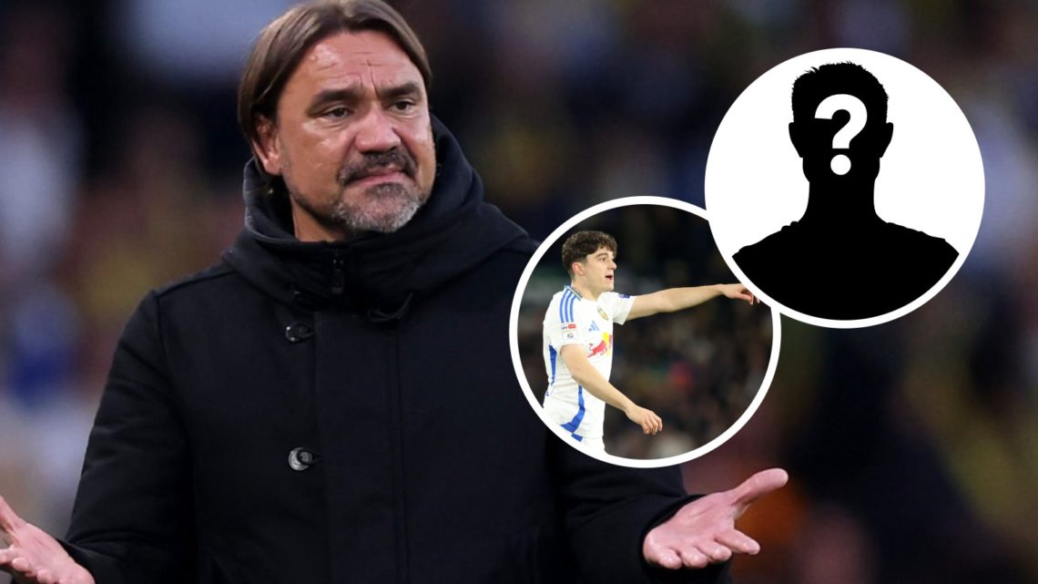 Leeds United manager Daniel Farke holds his hands up. Inset, Dan James in action for Leeds.
